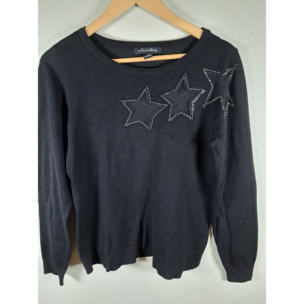 A Love Story Black Star Mesh Studded Sweater Womens Medium Long Sleeve Crew Neck